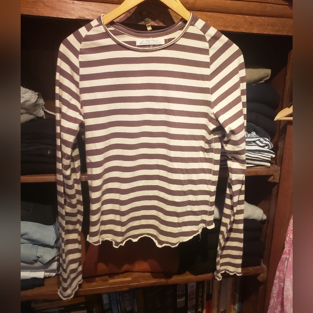 Free People Brown and Cream Striped Long Sleeve T-shirt